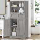 Iwell Storage Cabinet with 2 Drawers & Adjustable Shelf, Tall Bathroom Cabinet with Doors, Cupboard, Kitchen Cabinets for Living Room, Dining Room, Entryway, Grey, 49.6''H