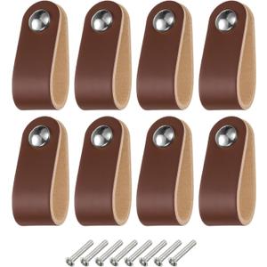 uxcell 8 Packs Leather Drawer Pulls, Single Hole Leather Drawer Knobs Furniture Dresser Handles Pulls with Screws for Dressers Drawers Closet Kitchen Cupboard, Brown/Silver