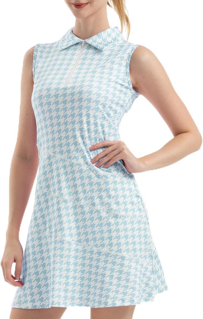 FKEEP Women's Tennis Golf Dresses Zipper V-Neck Sport Activewear with Shorts and Pocket Workout Athletic (Blue Plaid) XS