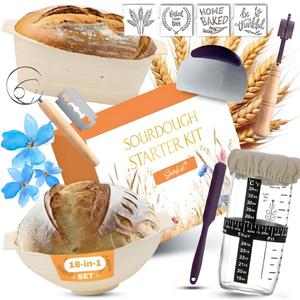 Complete Sourdough Starter Kit, Sourdough bread baking supplies, Great Gift Beginners Bread Makers 24oz Fermentation Jar 9" and 10" Silicone Banneton Bread Proofing Basket, sour dough Whisk,18 in 1