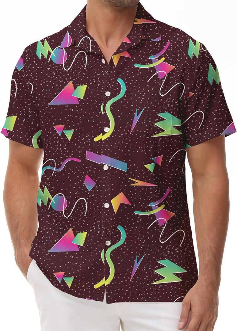 KYKU 80s Costume 90s Clothes Hawaiian Shirt for Men Button Down Shirts Short Sleeve Retro Disco Outfits (Small)