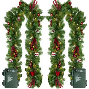 Nerosun 9FT Christmas Garland with 50LED Lights, 2 Pack Battery Operated Prelit Garland Christmas Decorations Timer 8 Mode, Artificial Outdoor Christmas Garland Greenery Pinecone for Indoor Decor