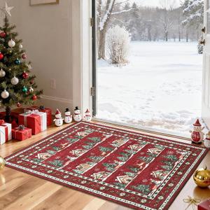 GarveeHome 2x3 Christmas Area Rugs Machine Washable Entryway Low Pile Non Slip Small Boho Rug Xmas Snowflake Decorative Stain Resistant for Bathroom Kitchen Red