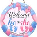 Gender Reveal He or She Front Door Sign, Newborn Boy Girl Wood Hanger Home Decor Gifts for New Dad Mom, Pregnancy Announcement Baby Shower Wooden Wreath Indoor Wall Hanging Decoration