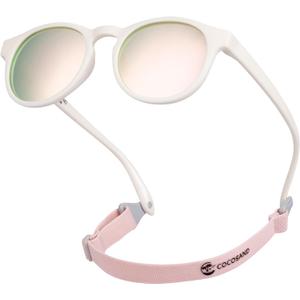 COCOSAND Baby Toddler Sunglasses with Strap Polarized Flexible Round Frame for Newborn Infant Kids Boy Girl Age 0-6 Years Old (White With Pink Lens)