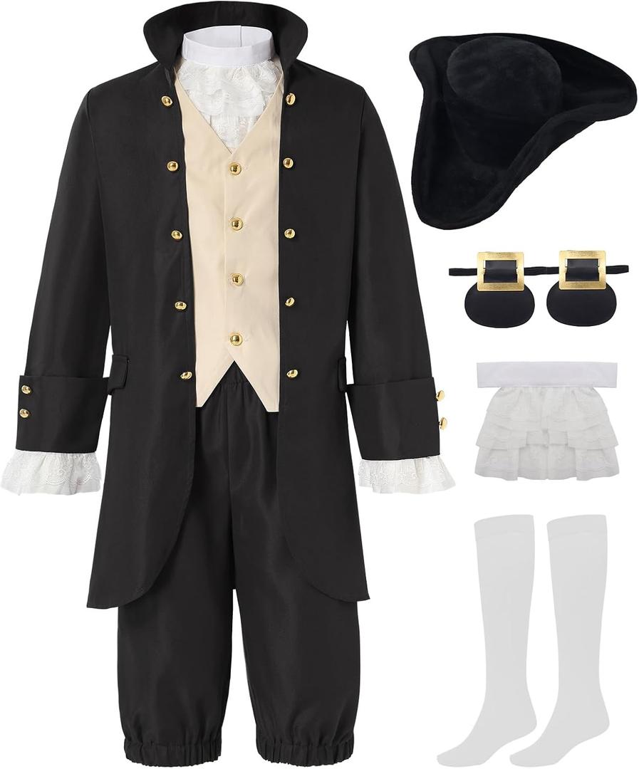 Kids Colonial Costume Boys 18th Century America Cosplay Costume with Hat (9-10 Y, Black)