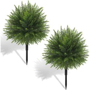 Der Rose 23" Artificial Cedar Topiary Ball Trees with Ground Spike Set of 2 Outdoor Artificial Plants UV Resistant Artificial Shrubs Fake Bushes for Front Porch Garden Decor
