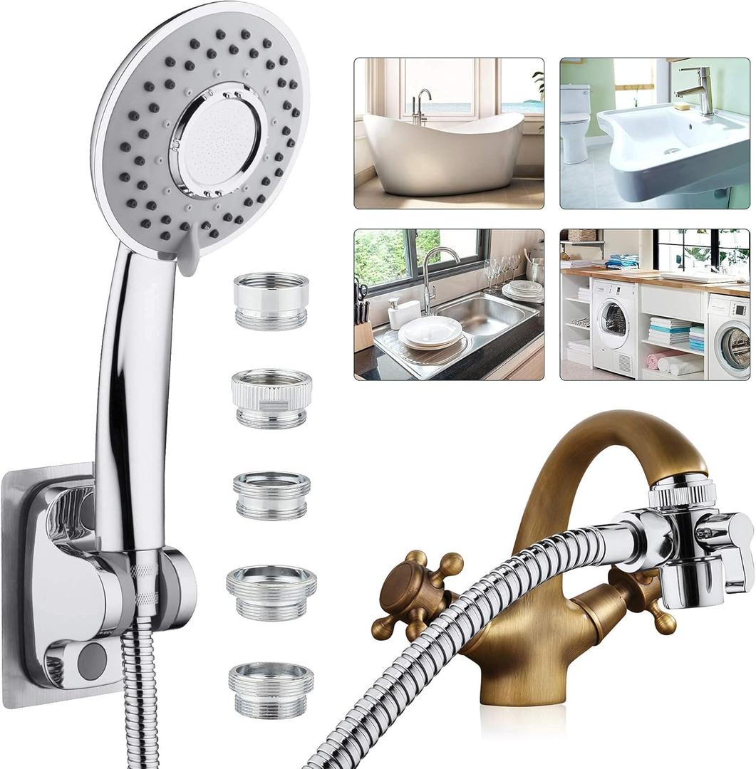 Sink Hose Shower Sprayer Attachment - Faucet Extension w/ 5 Adapters For Bathroom Bathtub, Kitchen Faucet, Utility Laundry Tub, Garden Hose Thread Spout For Delta, Moen, Kohler, American Standard (c-silver-big panel)