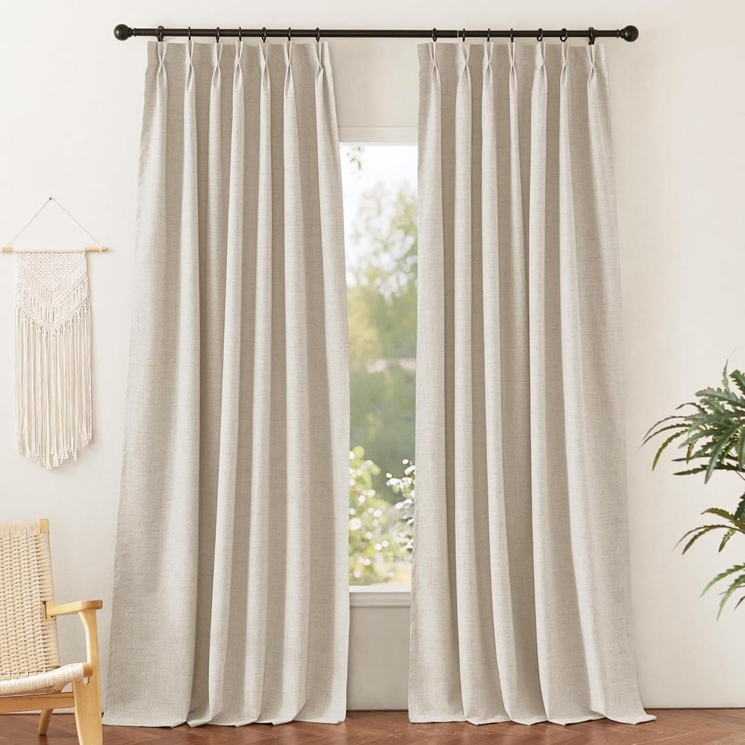 RYB HOME 100% Blackout Pinch Pleated Linen Curtains, Back Tab Drapes Privacy Thermal Insulating for Living Room Kitchen Dining Bay Window, W 42 x L 84 inches, Linen, 2 Panels