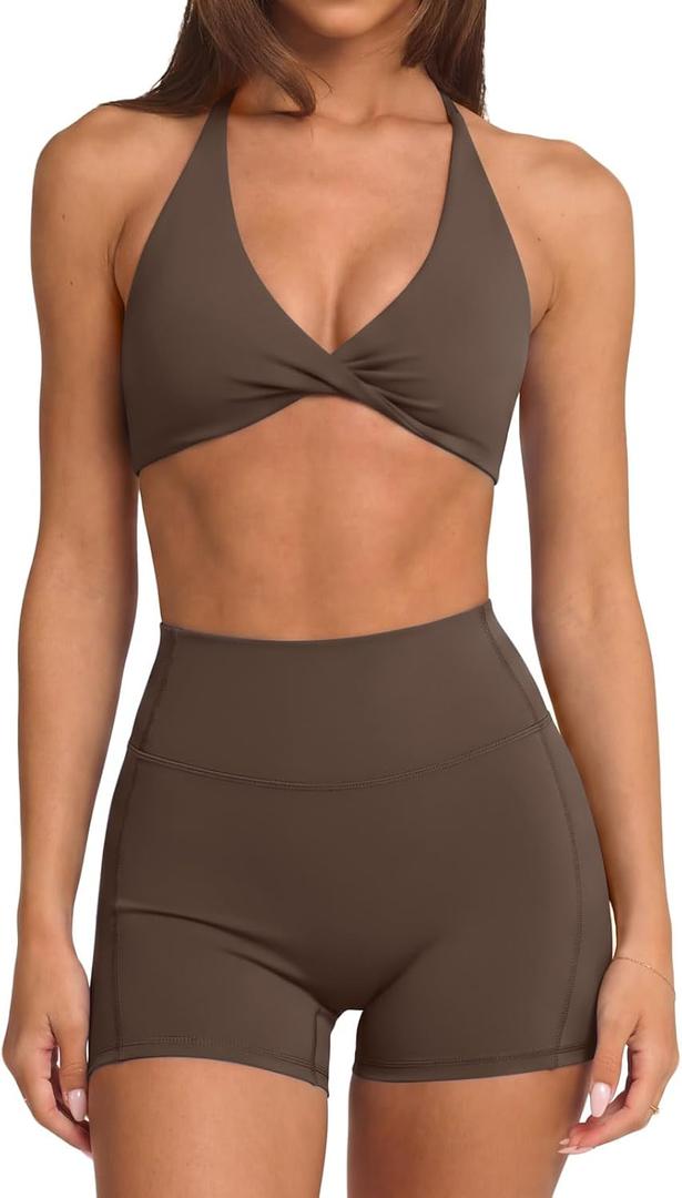 SUUKSESS Women 2 Piece Workout Sets Twist V Neck Sports Bra Yoga Gym Biker Short (Brown, S)