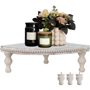 MAONAME Vintage White Corner Pedestal Stand, Rustic Decorative Riser for Display, Farmhouse Wood Corner Counter Shelf with Beaded