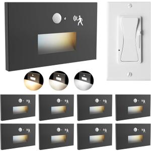 8 Pack Motion Sensor LED Step Lights, 3CCT 120V Hardwired Indoor Outdoor Stair Light, 3.5W 150LM 5%-100% Dimmable Waterproof Staircase Light, 3000K/4000K/6000K, Dimmer Switch, ETL, Black