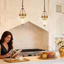 Vintage Pendant Light - Brushed Antique Brass Pendant Lights Kitchen Island with Floral Glass, Penant Lighting Fixtures with Adjustable Chain, Hanging Light Fixtures for Dining Room, Entryway, 9.45in