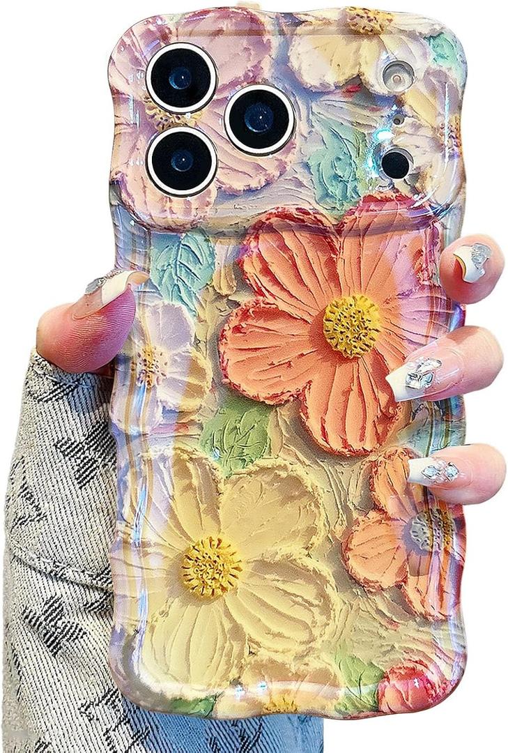 UEEBAI Flower Case for iPhone 17 Pro Max Case, Colorful Retro Oil Painting Girly Phone Cover Pretty Glossy Pattern Wave Cover Cute Sparkly Floral Curly Shell for Women and Girl, Orange Yellow