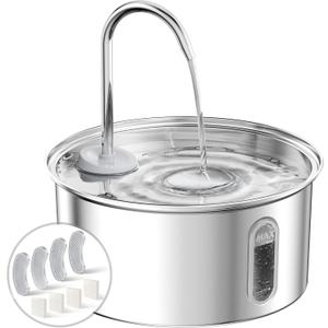 Cat Water Fountain Stainless Steel, 108oz/3.2L Cat Fountain for Drinking, Pet Fountain Water Bowl Dog Drinking Dispenser, Super Quiet Kitty Spout with 4 Filters 4 Sponges (One in Filter Tray)
