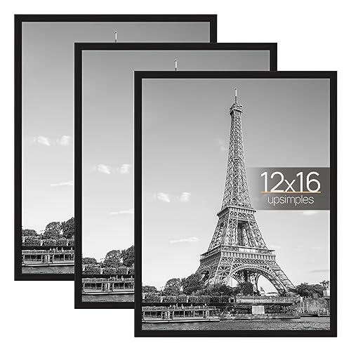 upsimples 12x16 Picture Frame Black 3 Pack, Scratch-Proof Poster Frames 12 x 16 for Photo Gallery - Slide-In Strips, Horizontal or Vertical Wall Mounting