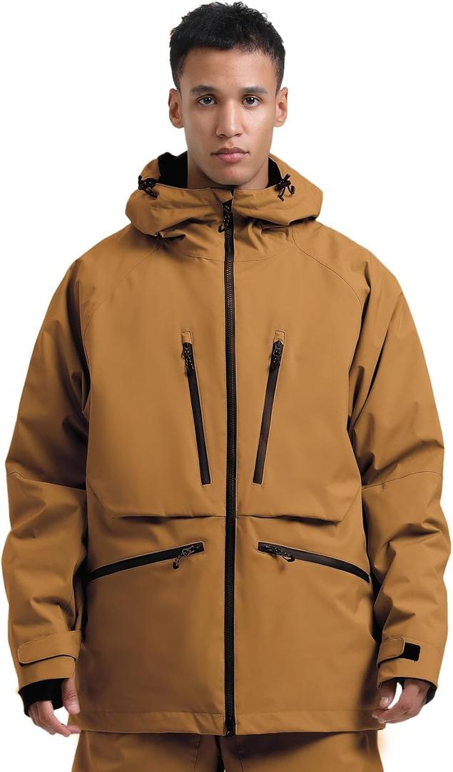 GSOU SNOW Snowboard Jacket Womens Ski Jacket Mens Snow Coat Baggy Waterproof Insulated Winter Hooded Mountain Coats (Large, Coffee)