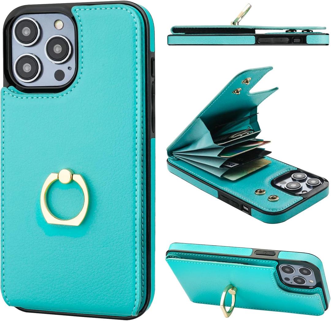 Folosu Compatible with iPhone 14 Pro Max Case Wallet with Card Holder, 360Rotation Finger Ring Holder Kickstand, RFID Blocking Leather Protective Double Buttons Shockproof Cover 6.7 Inch Green