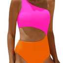 Yonique Women's One Piece Swimsuit- One Shoulder Bathing Suit Cutout Tummy Control Swimwear Pink Orange M