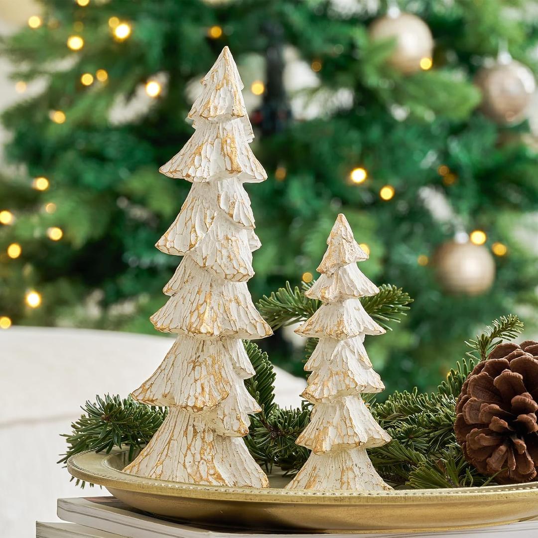 Vintage Christmas Tree Figurines White with Gold, 9.64" Tabletop Xmas Tree Ornaments Christmas Centerpieces for Mantle Desk Decor, Decorative Trees Set of 2 for Modern Farmhouse Indoor Decor