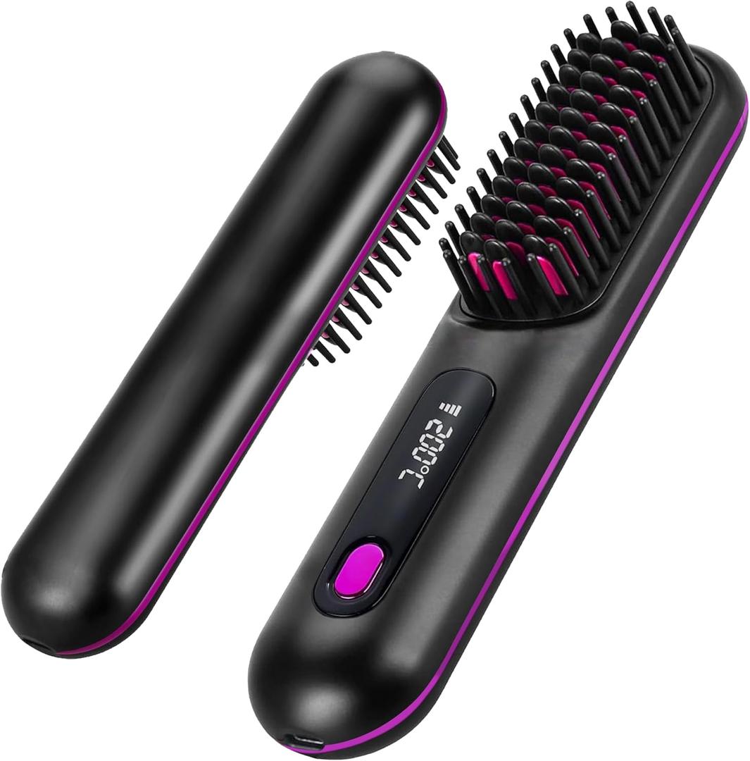 Go Brush Pro - Cordless Hair Straightener Brush Portable Comb for Travel, USB Charging, Fast Heating, with LCD Display (Black)