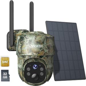 iZEEKER Solar Trail Camera 4G LTE, 2K PTZ Cellular Game Camera with 360 Full View, Live Video, Color Night Vision, Motion Activated IP65 Waterproof, No WiFi, Remote Phone Access (camouflaged)