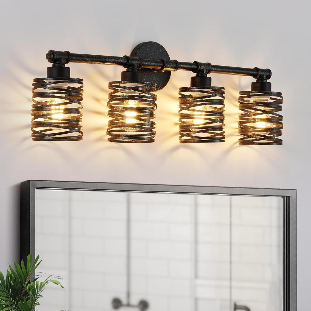 Bsyormak Modern Bathroom Vanity Lights, 4 Light Brushed Bronze Metal Cage Wall Sconce Lighting, Industrial Bathroom Lights Over Mirror, Farmhouse Wall Light Fixture for Cabinet Bedroom Hallway