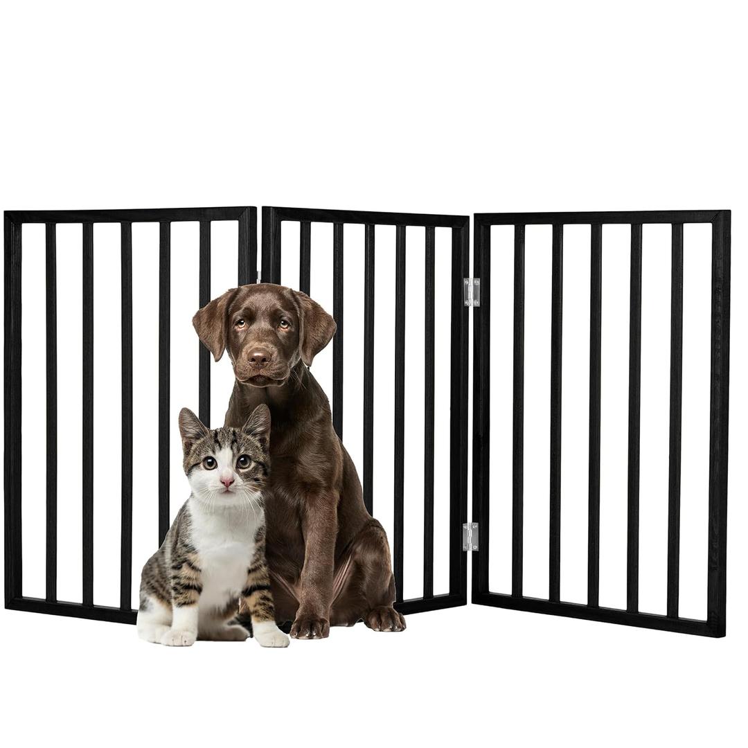 Pet Gate - 3-Panel Indoor Foldable Dog Fence for Stairs, Hallways, or Doorways - 54x24-Inch Wood Freestanding Dog Gates by PETMAKER (Black)