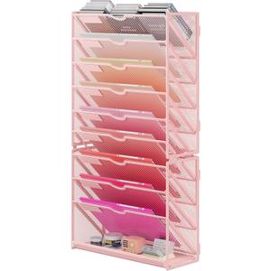 Lavatino 10-Tier Hanging Wall File Folders Organizer - Pink Metal Mesh Paper Magazine Document Mail Holder File Organizer for Office School Home Wall Mount or Desk Supplies Organization