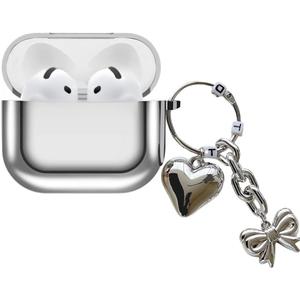 Electroplated TPU Case for AirPods 4 2024, Cute Mirror Love Heart Bowknot Keychain Soft Cover, Shockproof Protective Case for AirPods 4, Glitter Silver (D)