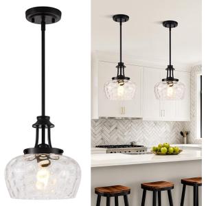 Modern Pendant Lights Kitchen Island, Matte Black Pendant Light Fixtures with 10" Clear Hammered Glass Shade, Industrial Hanging Pendant Lights Fixture for Kitchen Island Dining Room Bedroom Entryway