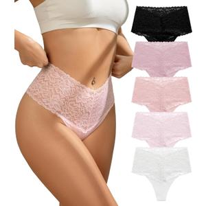 SHARICCA Women Seamless High Waist Underwear Sexy Floral Lace Thong Soft Comfortable Panties Pack (Large, 5p - Pink Lace)