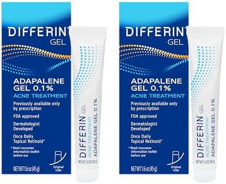 Differin Acne Treatment Gel, 60 Day Supply, Retinoid Treatment for Face with 0.1% Adapalene, Gentle Skin Care for Acne Prone Sensitive Skin, 15g Tube (Pack of 2), EXP:05/2028