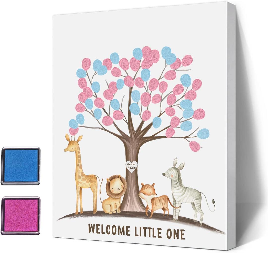 Gender Reveal Fingerprint Tree with Safari Animals, Baby Shower Guest Book Party Ideas, Gender Reveal Party Ideas, Gender Reveal Keepsake, Canvas Decoration (005)