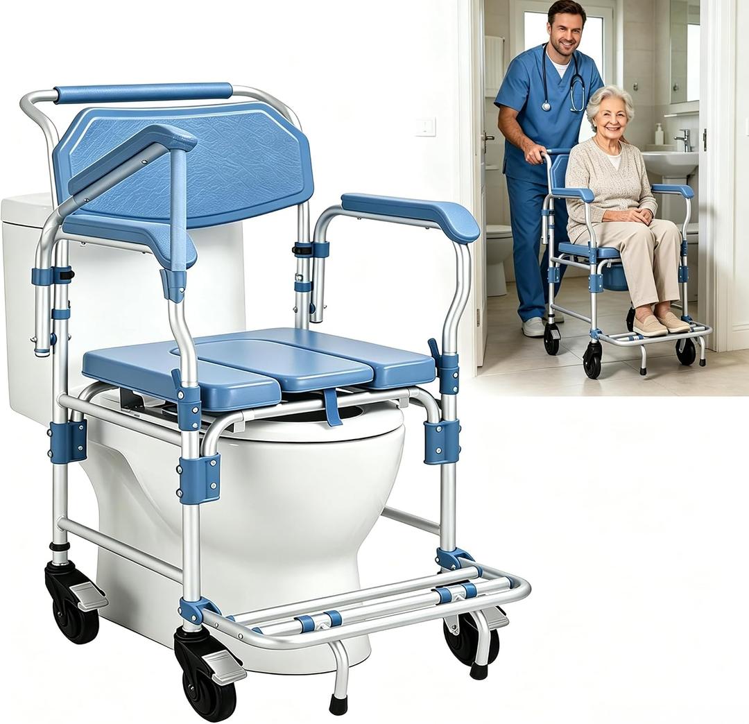 4-in-1 Bedside Commode with Wheels,Shower Wheelchair for Elderly & Disabled
