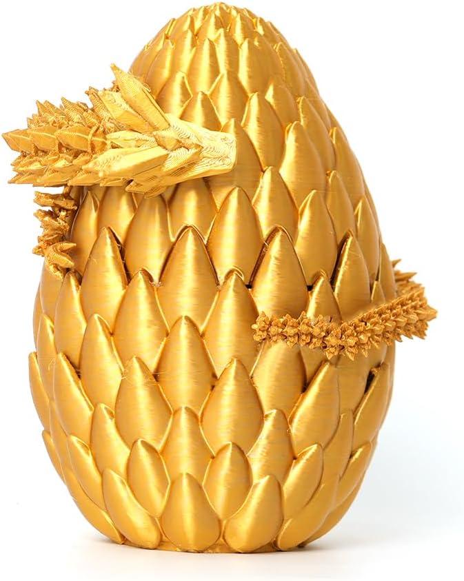 3D Printed Dragon Egg - Gold - Large 12" Flexible Crystal Dragon Inside, Flexible Desk Pet Figure, Animals Fidget Toy, Fantasy Graduation Gift for Kids, Teens & Dragon Lovers