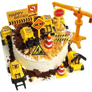 18 PCS Construction Cake Toppers Vehicles Cake Decoration Set Excavator Tower Crane Cupcake Topper Traffic and Road Sign Decor Happy Birthday Party Supplies Favors