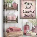 BJYCHG Rustic Bathroom Canvas Wall Art Pink Bathroom Picture Sign Farmhouse Floral Jars Painting Prints for Toilet Laundry Powder Room Decor Framed (Red, 24L x 16W)