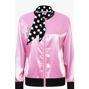 4 Pieces 1950s Women Pink Satin Jacket with Polka Dot Scarf Headband Earrings Eye Glasses Halloween Party Costume Set, M