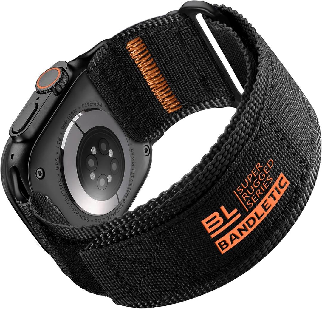 Rugged Nylon Bands Compatible with Apple Watch Ultra 2 Band 49mm for Men, Tactical Military Adjustable Soft Woven Loop Strap Also for iWatch Series 10 46mm, 9 8 7 45mm, SE 6 5 4 44mm, Black