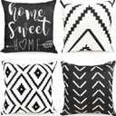 Decorative Throw Pillow Covers 18x18 inch Black White Pillow Covers for Couch Sofa Living Room Bedroom Farmhouse Outdoor Throw Pillow Cover,Modern Geometric Linen Square Throw Pillow Case Set of 4 (18" x 18" (Pack of 4), Black White-geometric)