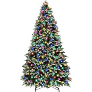 7 Ft Prelit Artificial Christmas Tree with 300 Color Changing LED Lights, 8 Modes Snow Flocked Thick Full Pine Xmas Tree with 1980 PVC/PE Tips, 36 Berries Christmas Decoration Indoor Outdoor Holiday