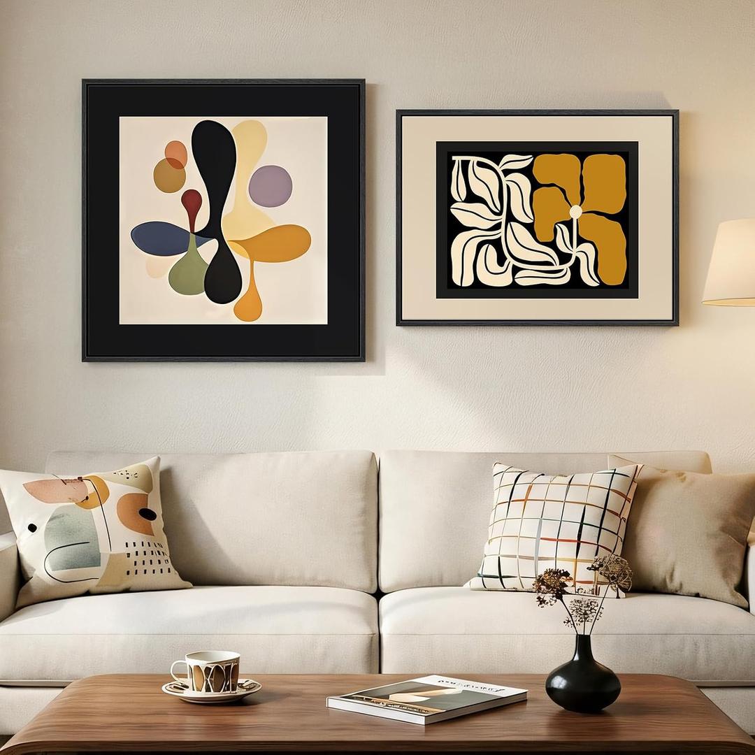 Framed Abstract Boho Wall Art Set of 2 for Living Room, Mid Century Modern Neutral Color Print Canvas Artwork for Walls, Contemporary Geometric Wall Decor for Bedroom Dining Room, 24x24 & 24x18 Inch