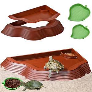 Tortoise Water Bowl with Ramp, 3PCS Leaf Reptile Food Water Bowl Turtle Pool Reptile Water Dish Tortoise Bathing Pool Turtle Soaking Dish Aquarium Habitat Accessories Small