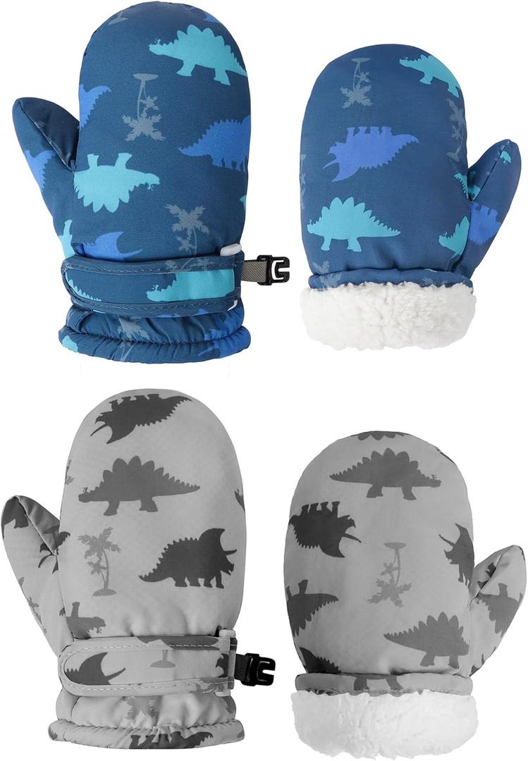 Toddler Mittens Lined Fleece Snow Gloves for Boys Girls Kids Winter Ski Gloves Baby Mittens (4-6 Years, Blue&gray Dinosaur)