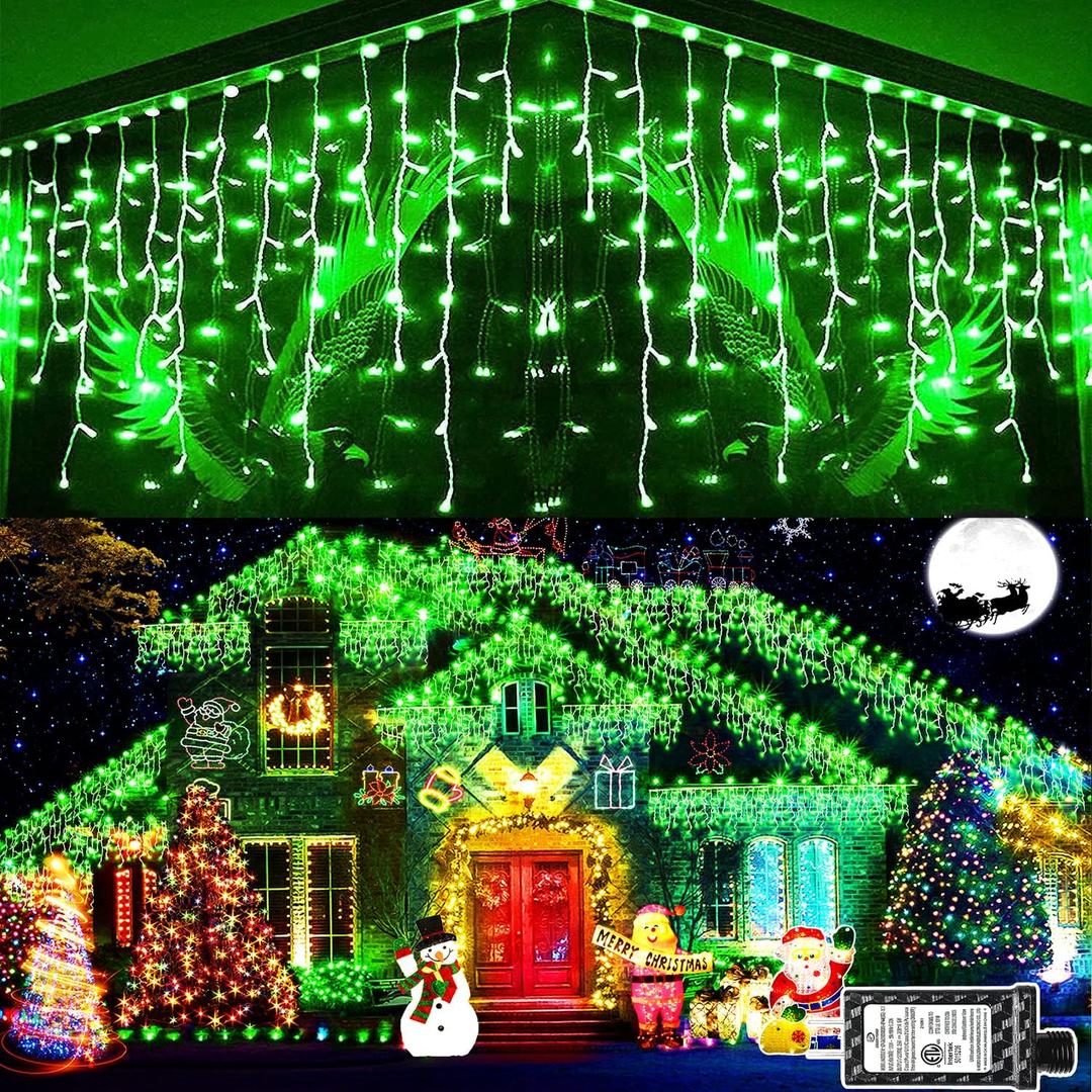 KNONEW Christmas Lights Outdoor Decorations 400 LED 33ft 8 Modes Curtain Fairy String Light with 75 Drops, Clear Wire LED String Light Indoor Decor for Wedding (Green)
