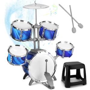 Kids Drum Set for Toddlers 1-3 Musical Jazz Drum with Stool Toys for 2-5 4-6 5-7 Boys Girls Birthday, Blue