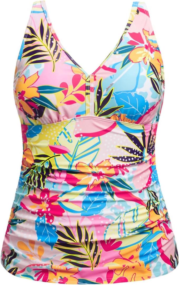 Yonique Women Plus Size Tankini Top Only Tummy Control Bathing Suit Top V Neck Swim Top No Bottom Colorful Floral 20W