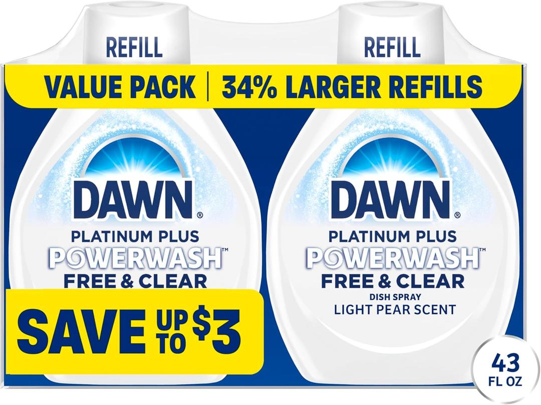 Dawn Powerwash Spray Refill, Dish Soap, Dishwashing Liquid, Free & Clear, 2 Refills, 43 Fl Oz