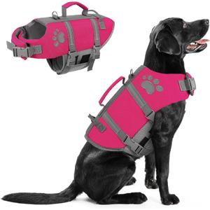 Queenmore Dog Life Vest for Swimming, Ripstop Dog Life Jacket Large, Floating Life Vest for Dogs Large Breed with Handle, Vibrant Doggie Life Jacket for Boating with Hook, Pet Water Vest for Big Dogs Large